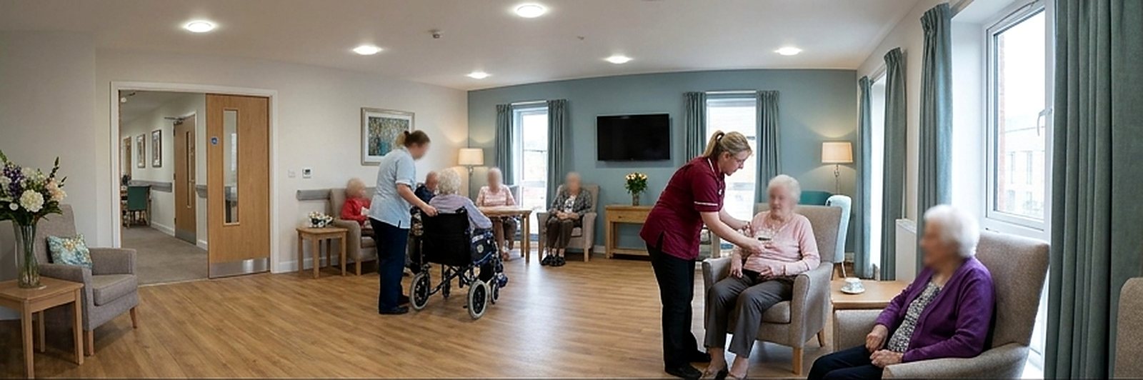 Care staff supporting smiling residents in a bright shared lounge